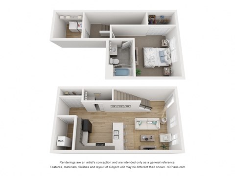 Floor plan for 1 bed, 1.5 baths, 942 sqft